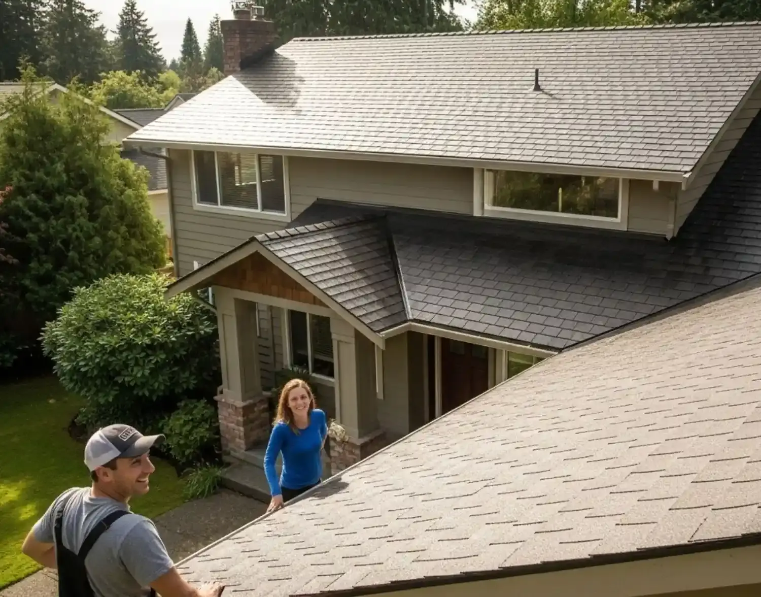 A happy couple looking at their roof after moss removal service