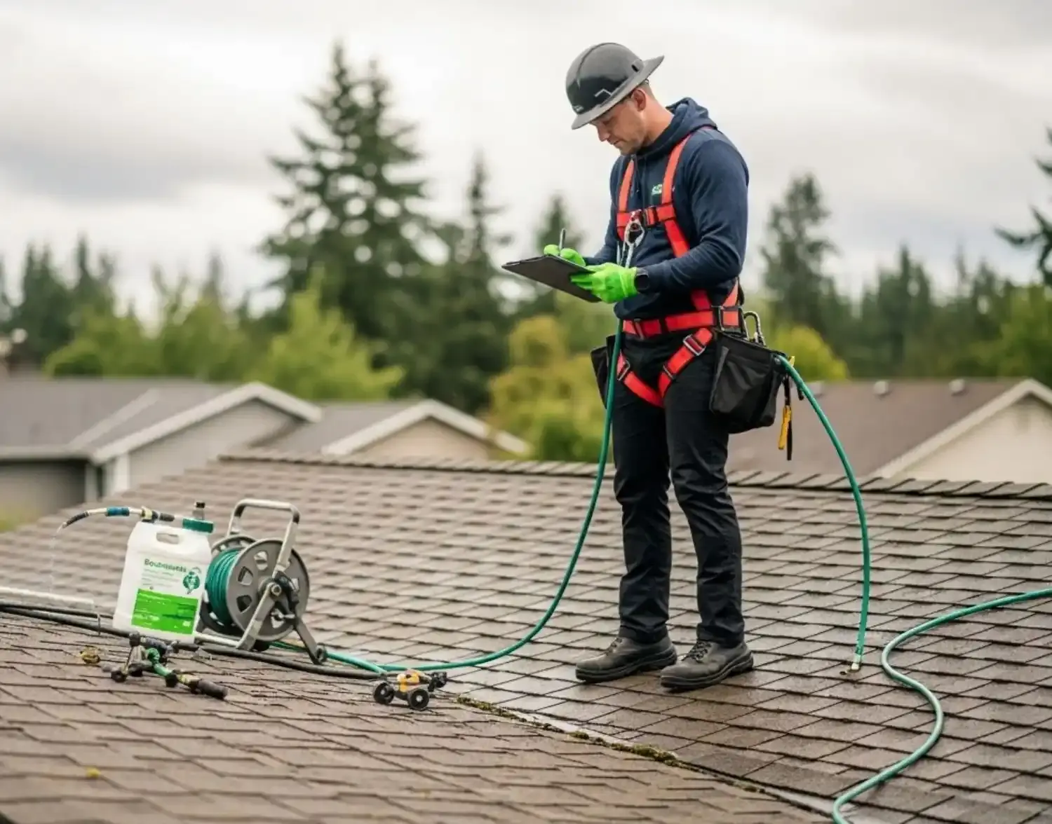 ORC Pros Cleaner inspecting the roof type to select the best cleaning method